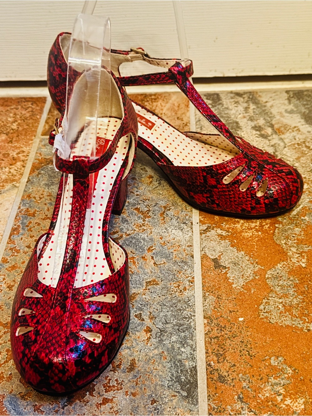 RARE!! NWOB! BAIT Retro Red & Black Leather Snakeskin T-Strap Kitten Heels!